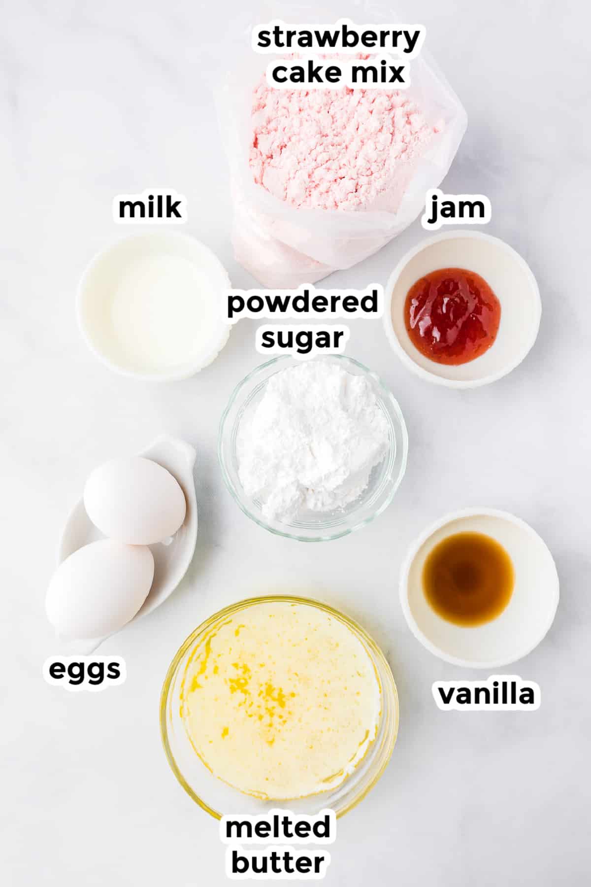 Ingredients for strawberry brownies from overhead with text title labels.