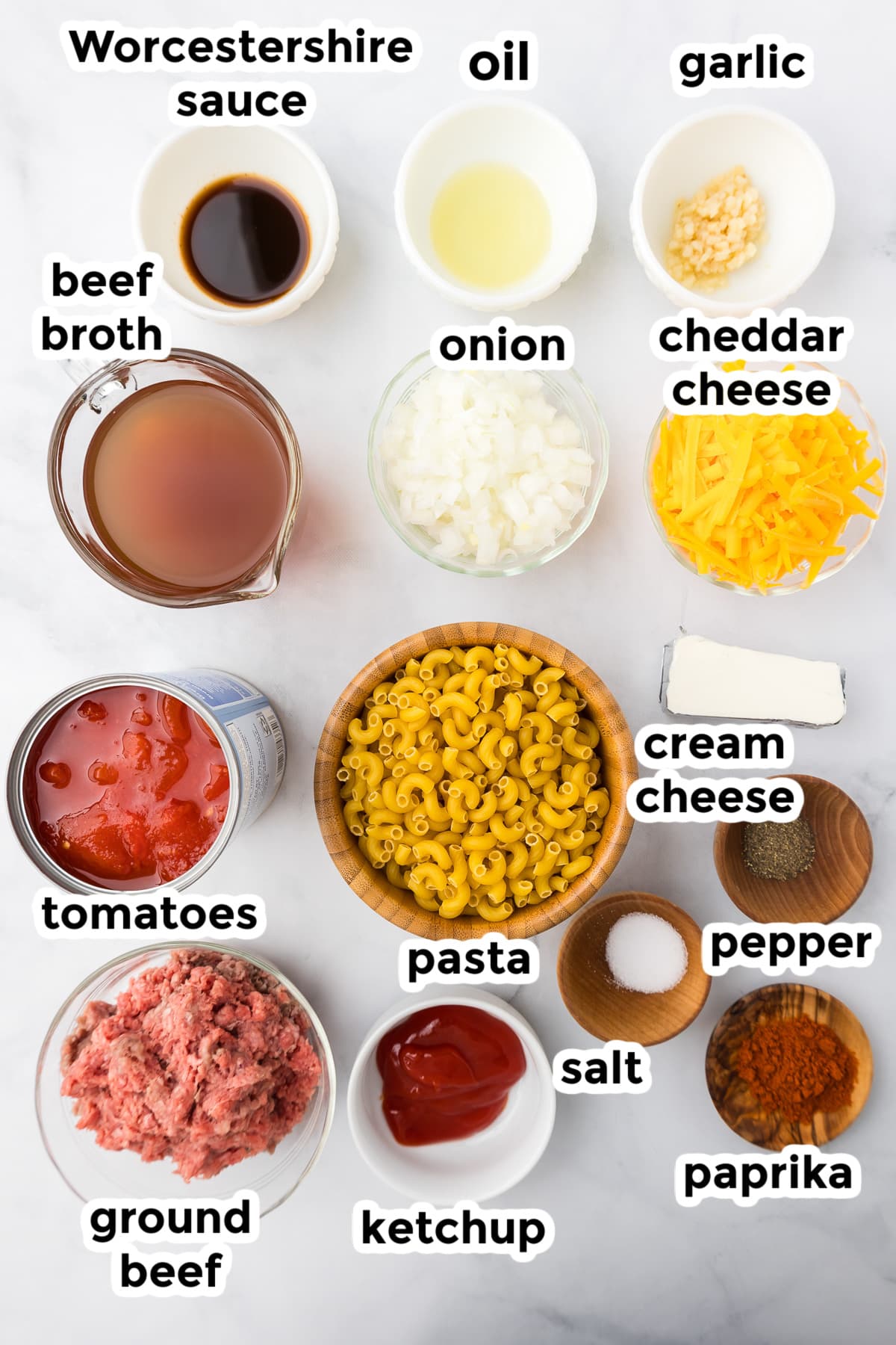 Ingredients for cheeseburger pasta in bowls with text labels from overhead.