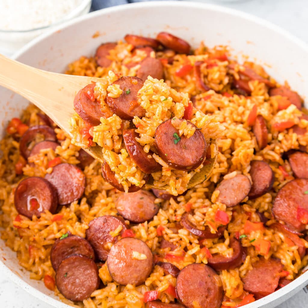 one-pot-cheesy-smoked-sausage-pasta-skillet-on-my-kids-plate