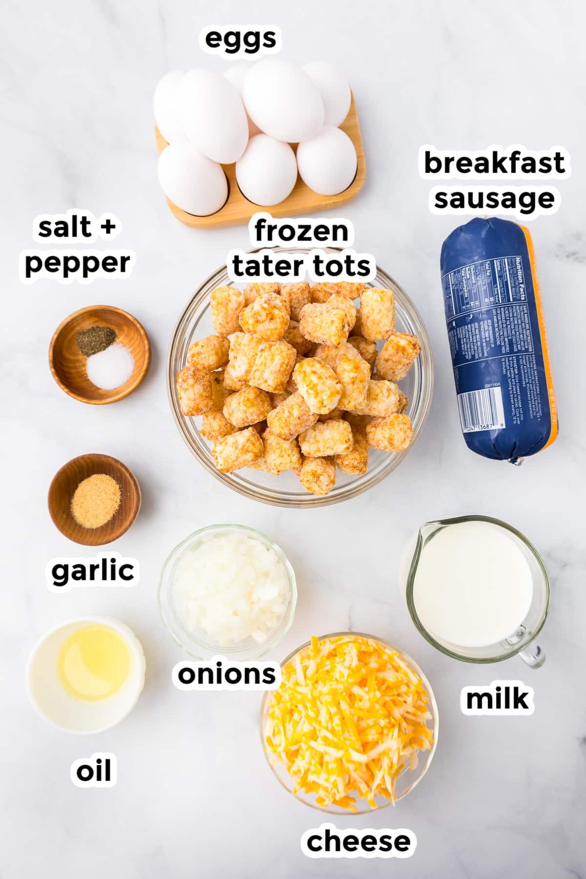 A list of ingredients for chicken tator tots.