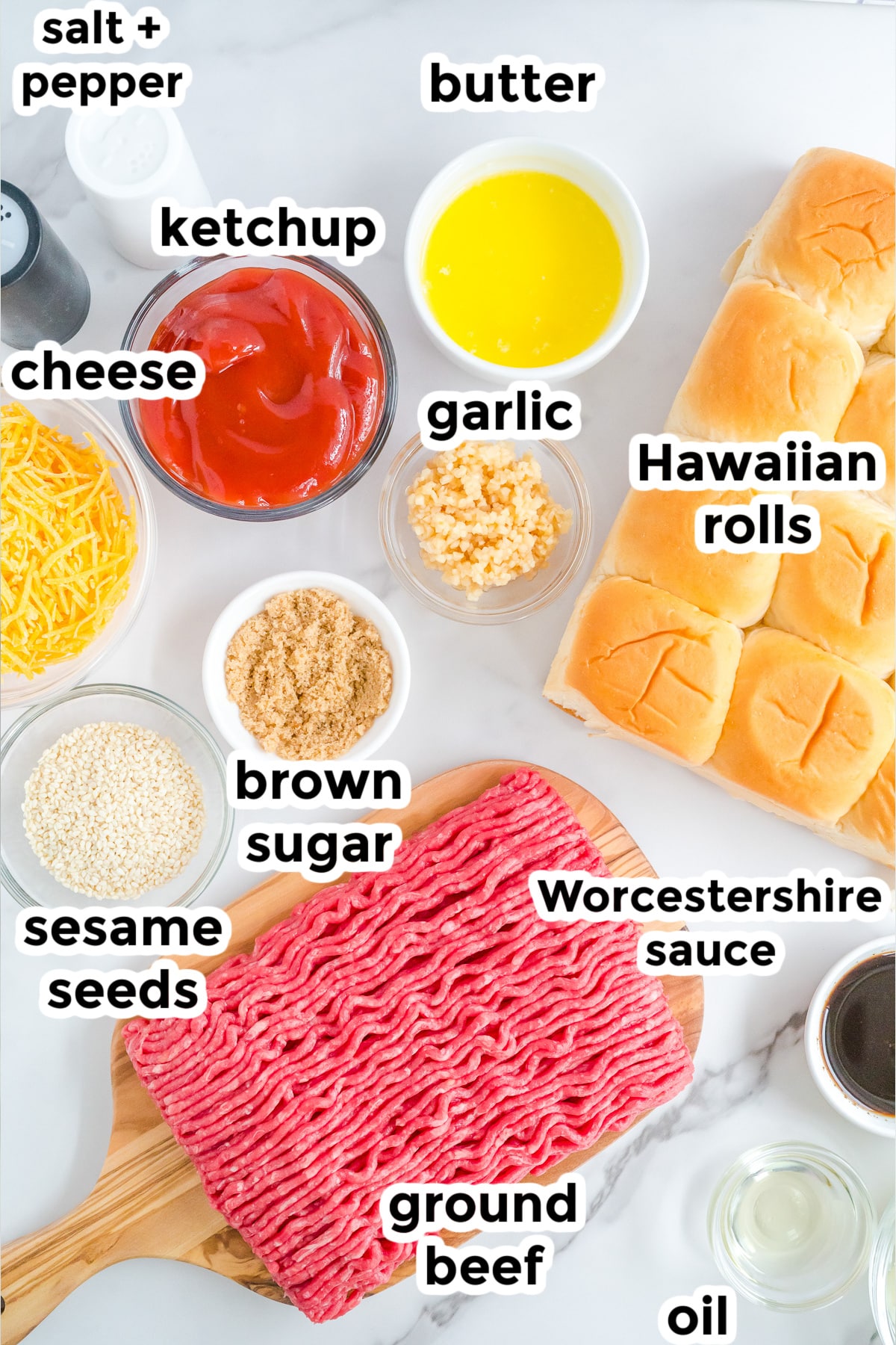 Ingredients for sloppy joe sliders in bowls with text title labels.
