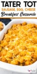 Tater tot sausage breakfast casserole in a pan from the side with title text overlay on the top of the image.