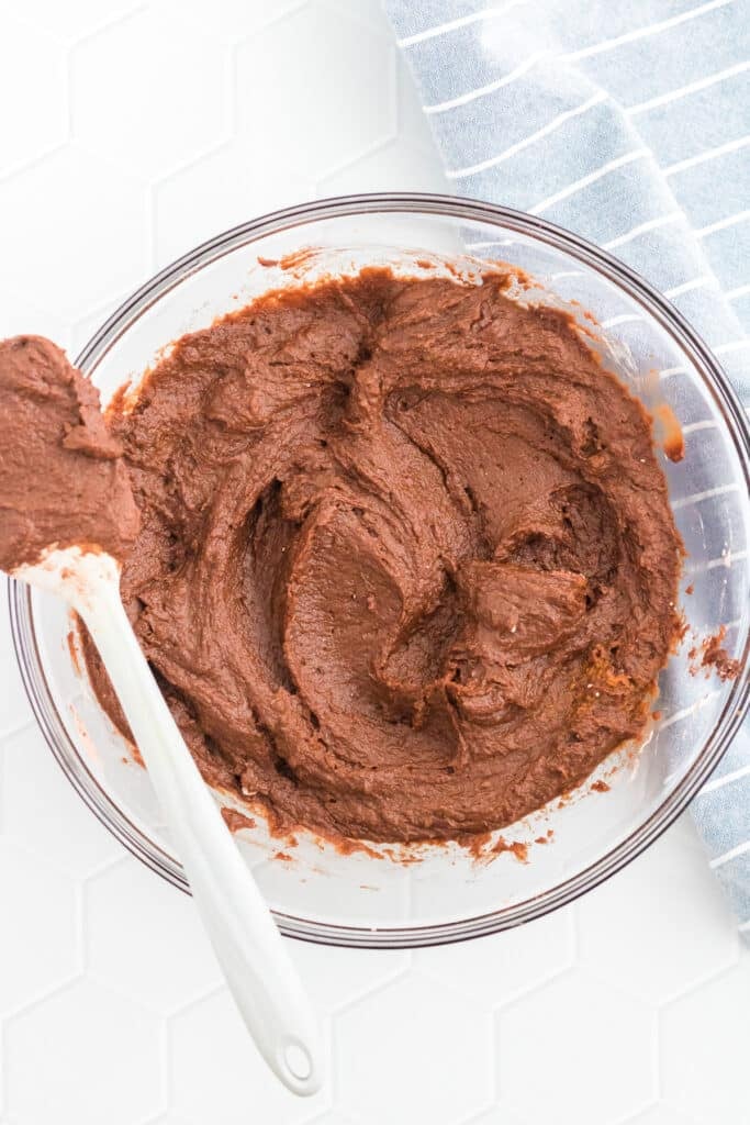 Chocolate pumpkin brownies dough in a bowl with a spoon.