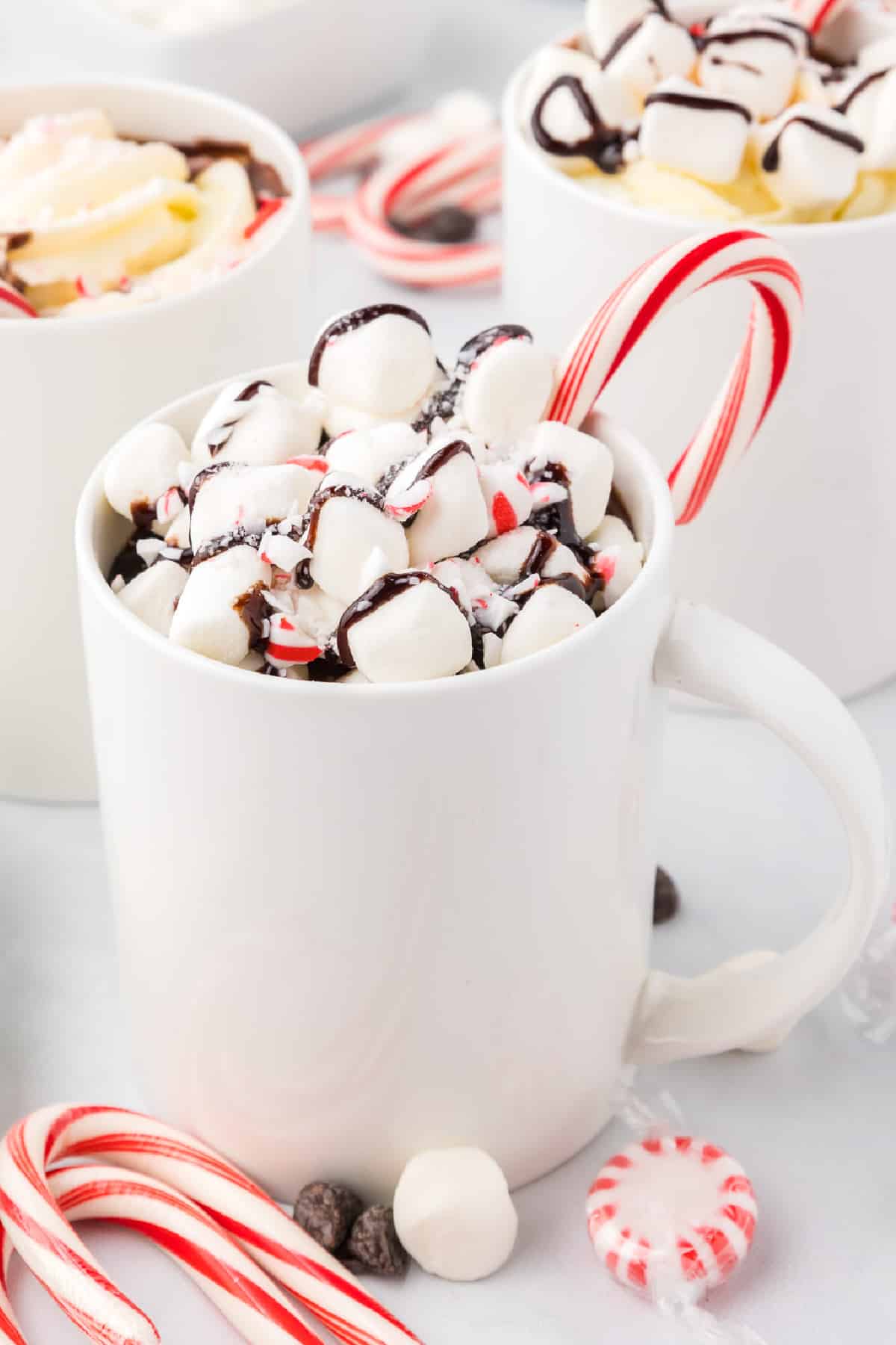 Hot chocolate with marshmallows and candy canes.