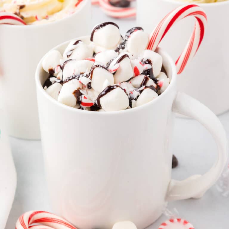 Hot chocolate with marshmallows and candy canes in a mug with more in the background.