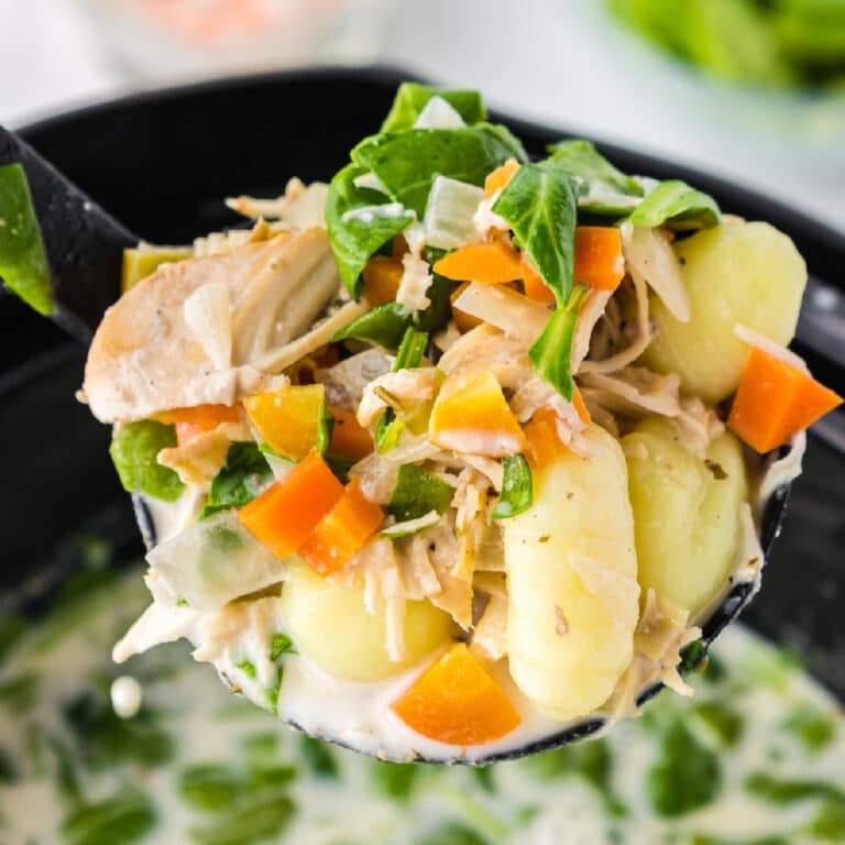 A ladle full of chicken, gnocchi and vegetable soup scooping from a slow cooker.