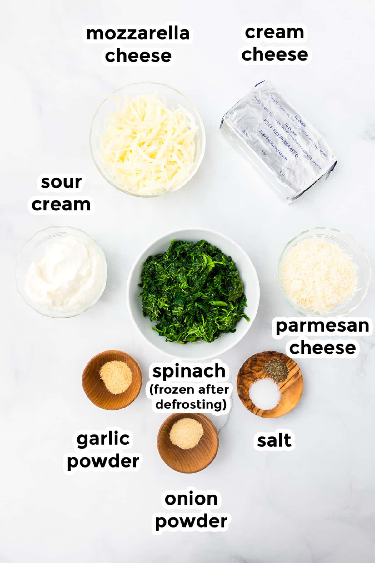 Ingredients for a spinach dip in bowls from overhead with labeled text titles.