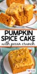 Two images of pumpkin spice cake with pecan crunch toping missing a bite and from the top with title text in between the images.