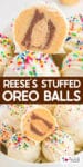 Reese's stuffed oreo balls showing the reeses cup inside the truffle with title text overlay.