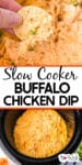 Buffalo chicken dip in the base of a slow cooker on top of an image of fingers holding a chip scooping the dip with title text overlay in between.