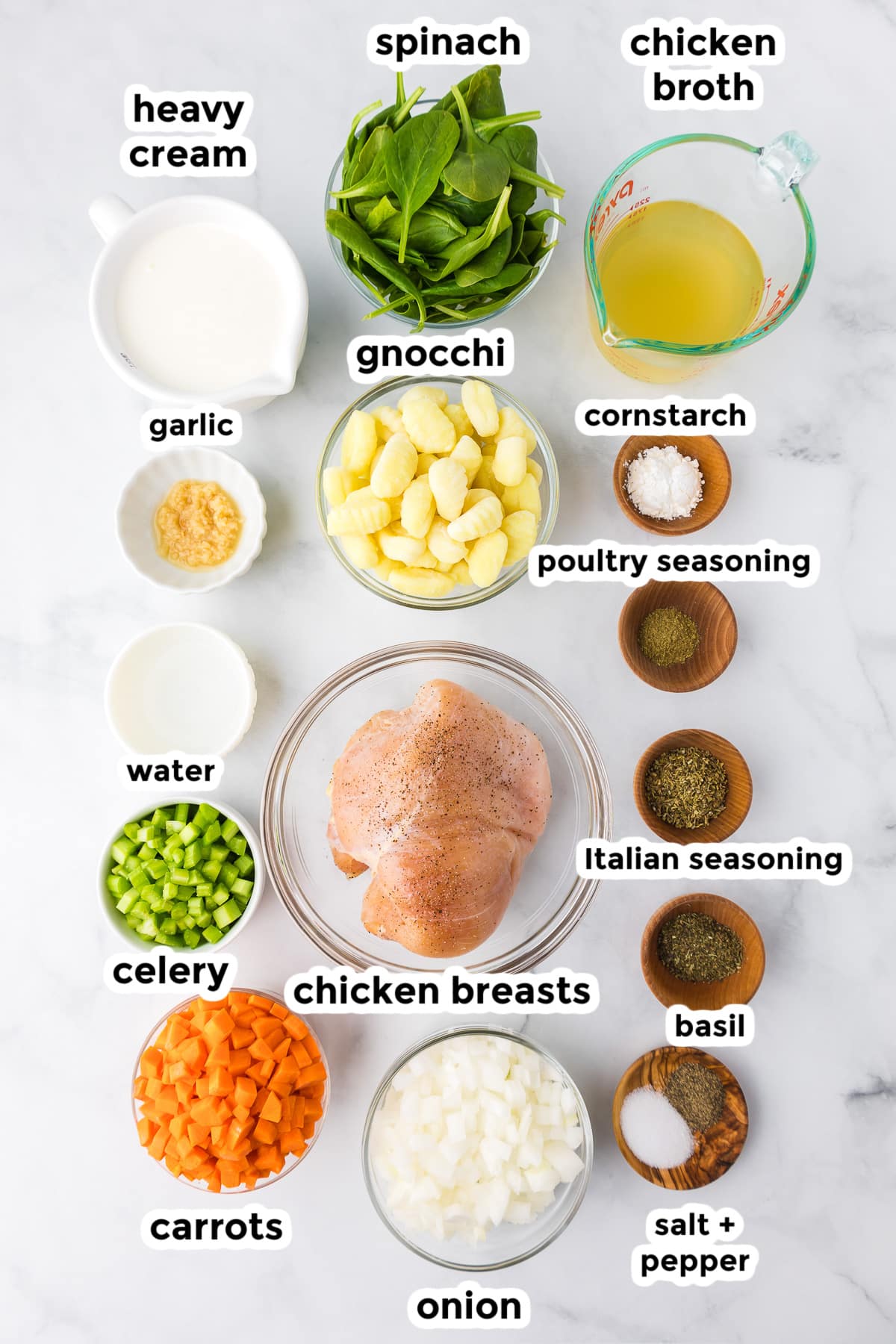 Ingredients for chicken gnocchi soup in bowls from overhead with title text overlay.