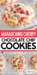 Maraschino cherry chocolate chip cookies. on a wire cooling rack from the side and from overhead with title text overlay between the two images.