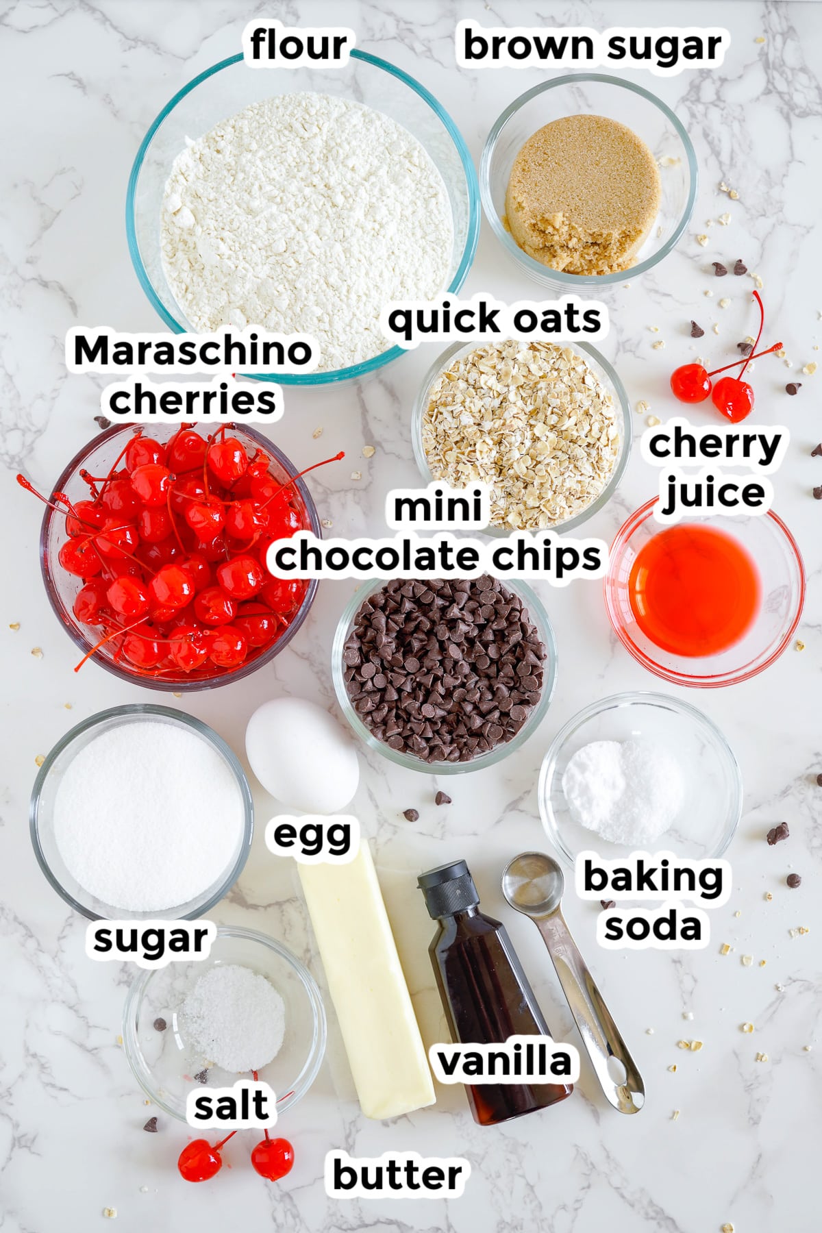Ingredients for Maraschino cherry cookies in bowls on a counter with title text overlay.