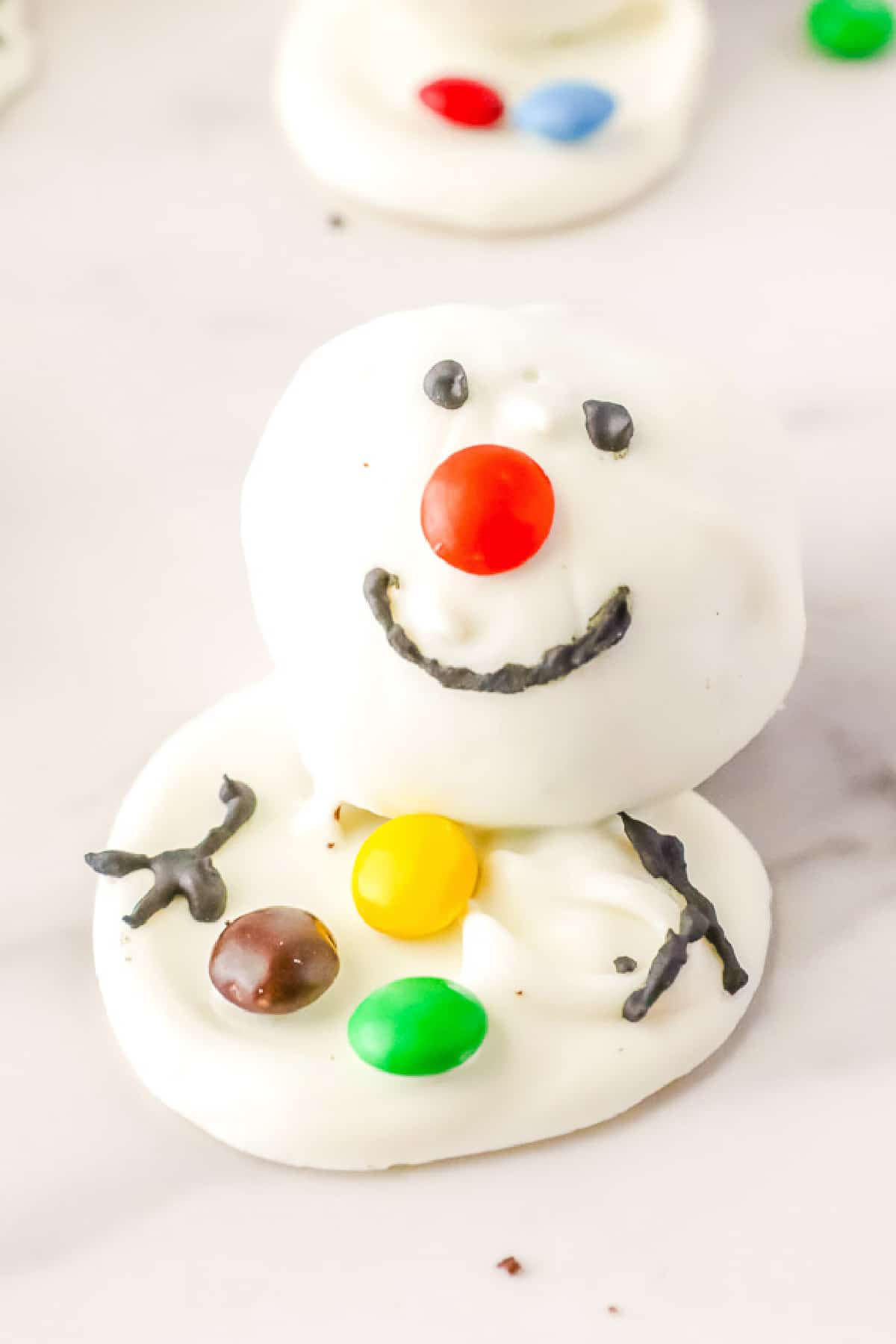 Single close up Oreo ball snowman close up decorated.