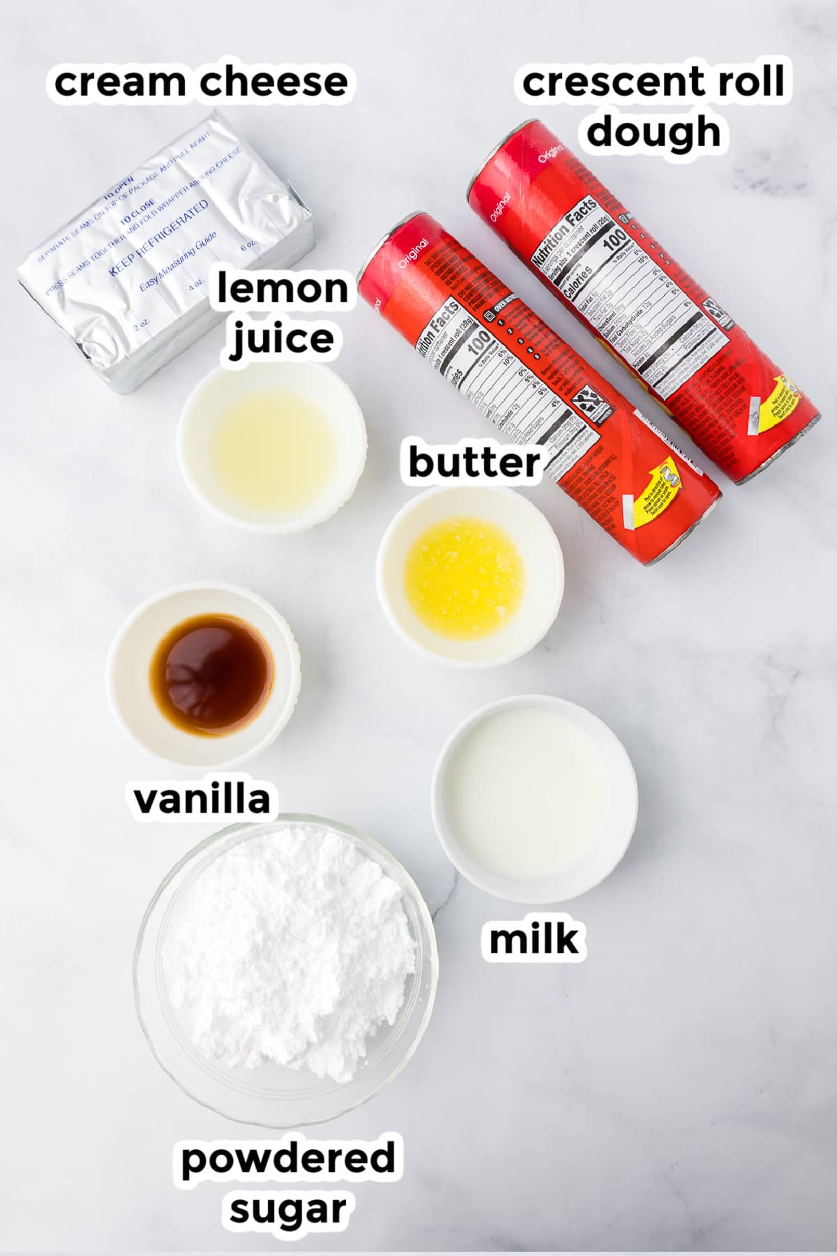 Ingredients for crescent roll cream cheese danishes in bowls on a counter with text labels.