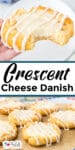 Crescent cheese danish with icing missing a bite on top of a second image of multiple danishes cooling with title text between the images.
