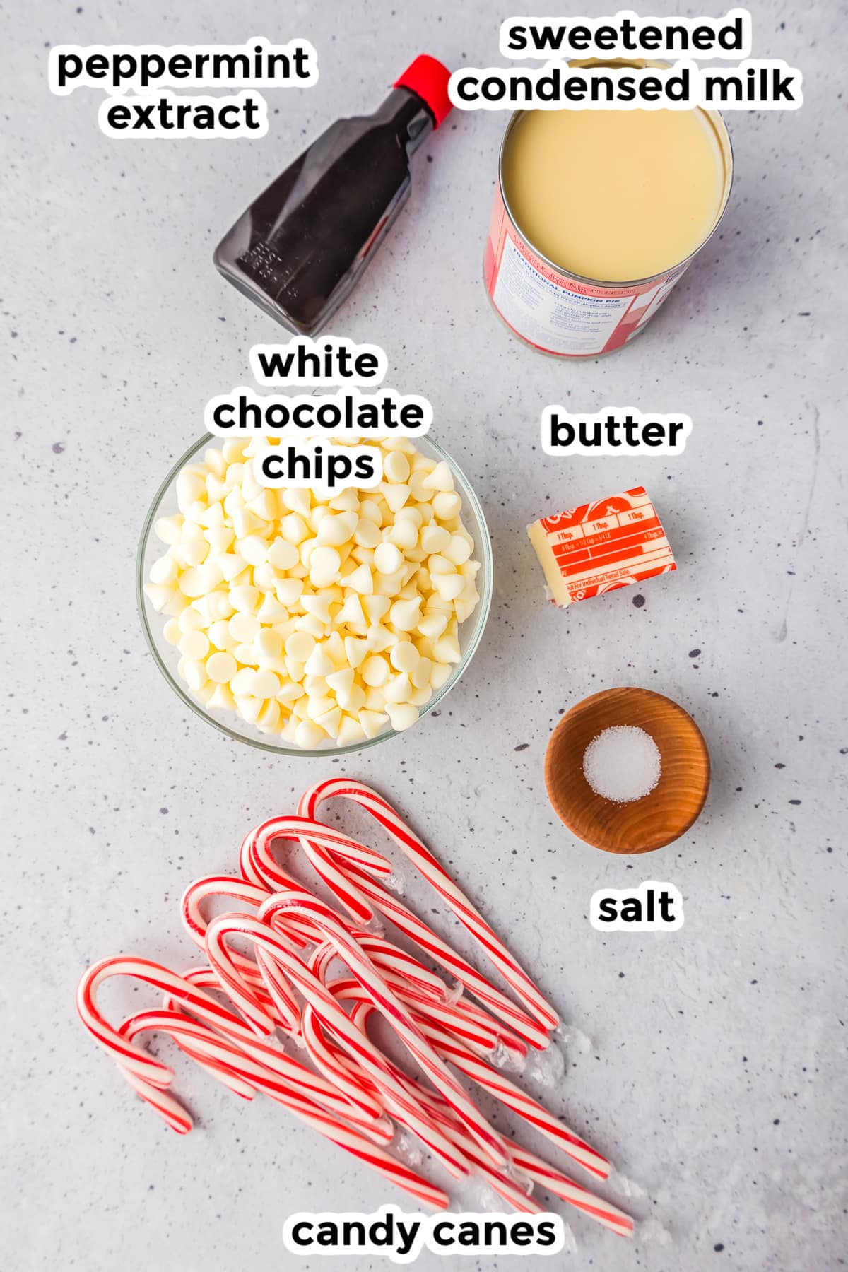 Ingredients for peppermint fudge in bowls with text labels from above.