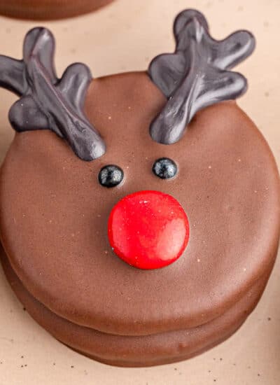 Single chocolate reindeer cookies with candy red nose and chocolate antlers.