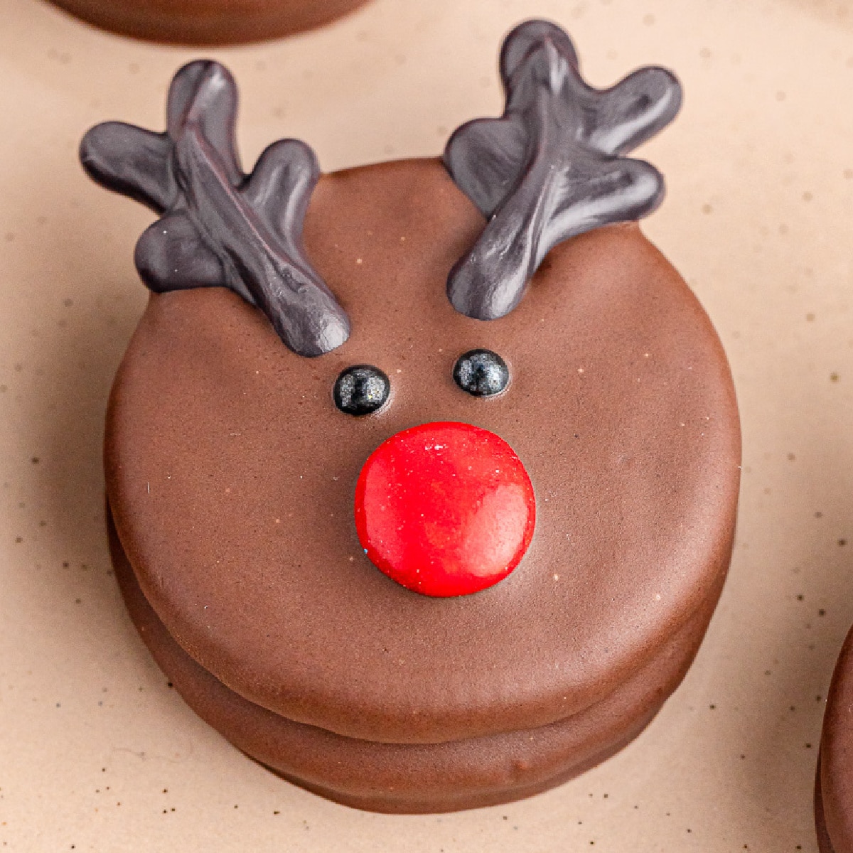 Single chocolate reindeer cookies with candy red nose and chocolate antlers.