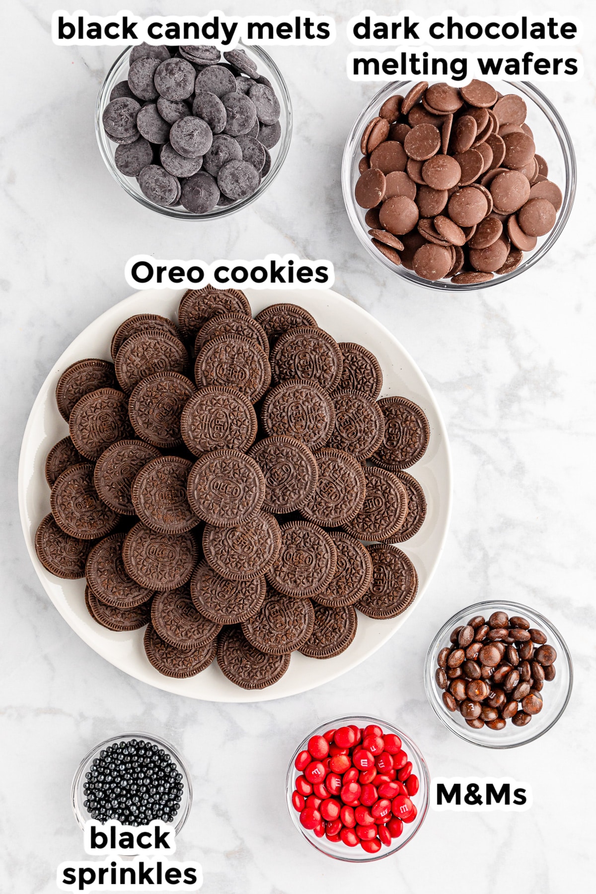 Reindeer Oreo cookie ingredients on a counter in bowls with title text overlays.