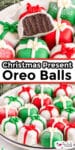 Christmas oreo balls decorated like presents on a plate. and showing a truffle with a bite and title text overlay.