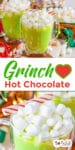 Grinch hot chocolate in mugs with marshmallows and peppermint candy canes with title text overlay.