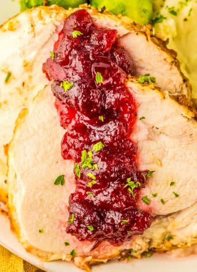 Sliced turkey with cranberry sauce and mashed potatoes close up.