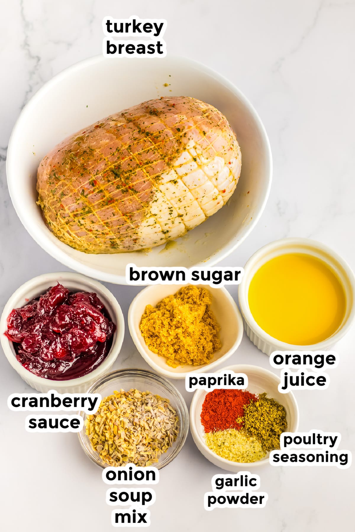 Ingredients for slow cooker turkey breast with cranberry sauce in bowls with title text labels.