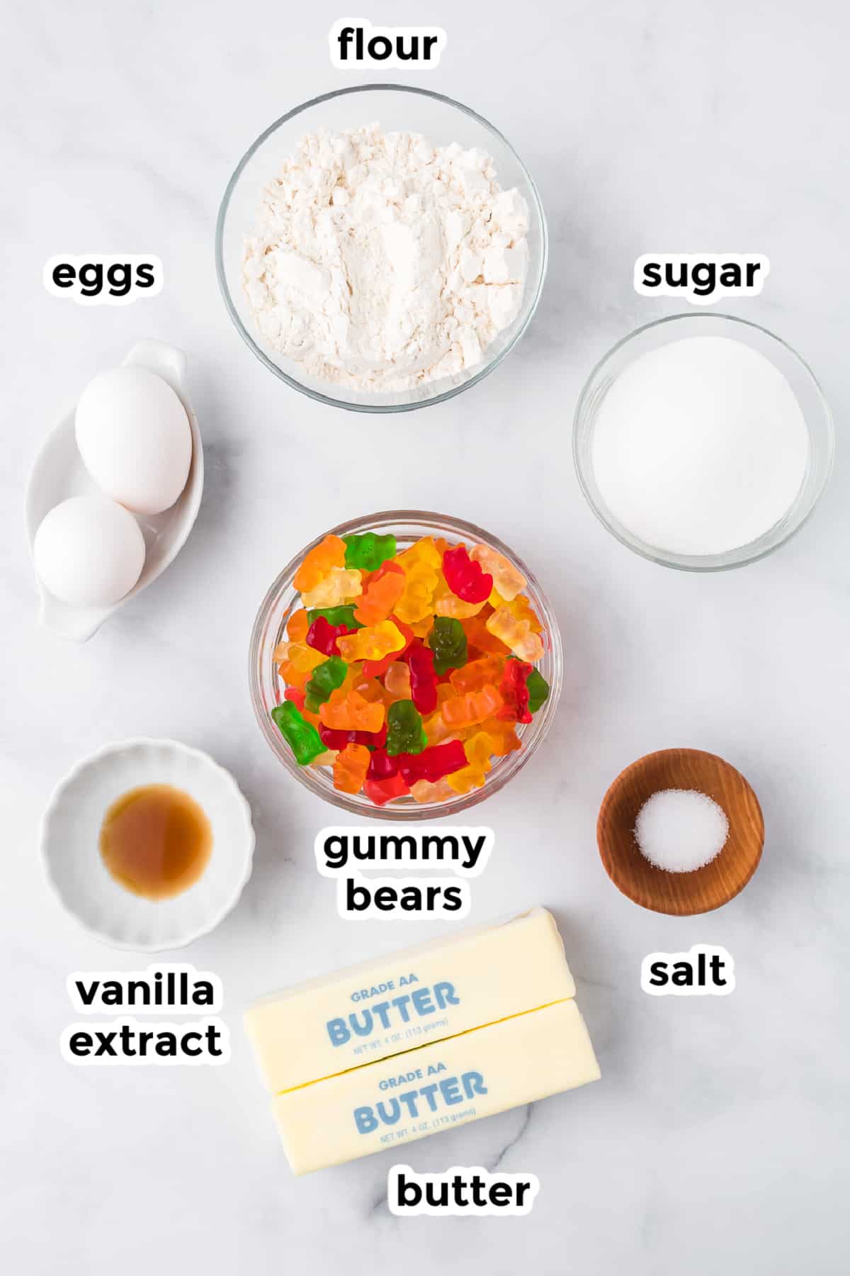 A list of ingredients for a gummy bear cake.