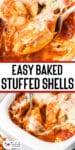 Baked stuffed shells close up being scooped with a spoon and a second image in a baking dish with title text overlay.
