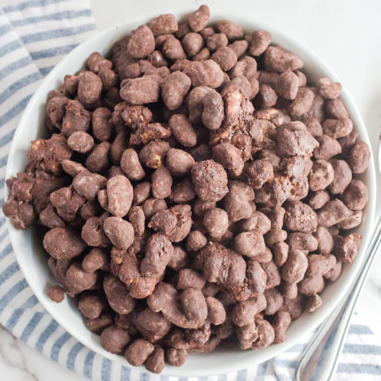 A bowl of chocolate reindeer poop snack mix.