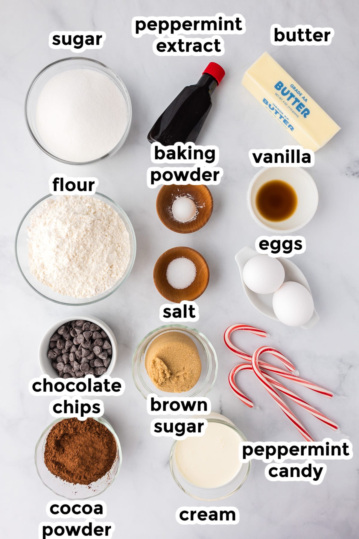 A list of ingredients for chocolate peppermint thumbprint cookies.