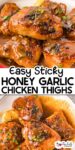 Honey garlic chicken thighs close up on a plate and a second image on a pan with title text in between the images.