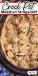 Crock pot meatball stroganoff in the slow cooker base with title text overlay.