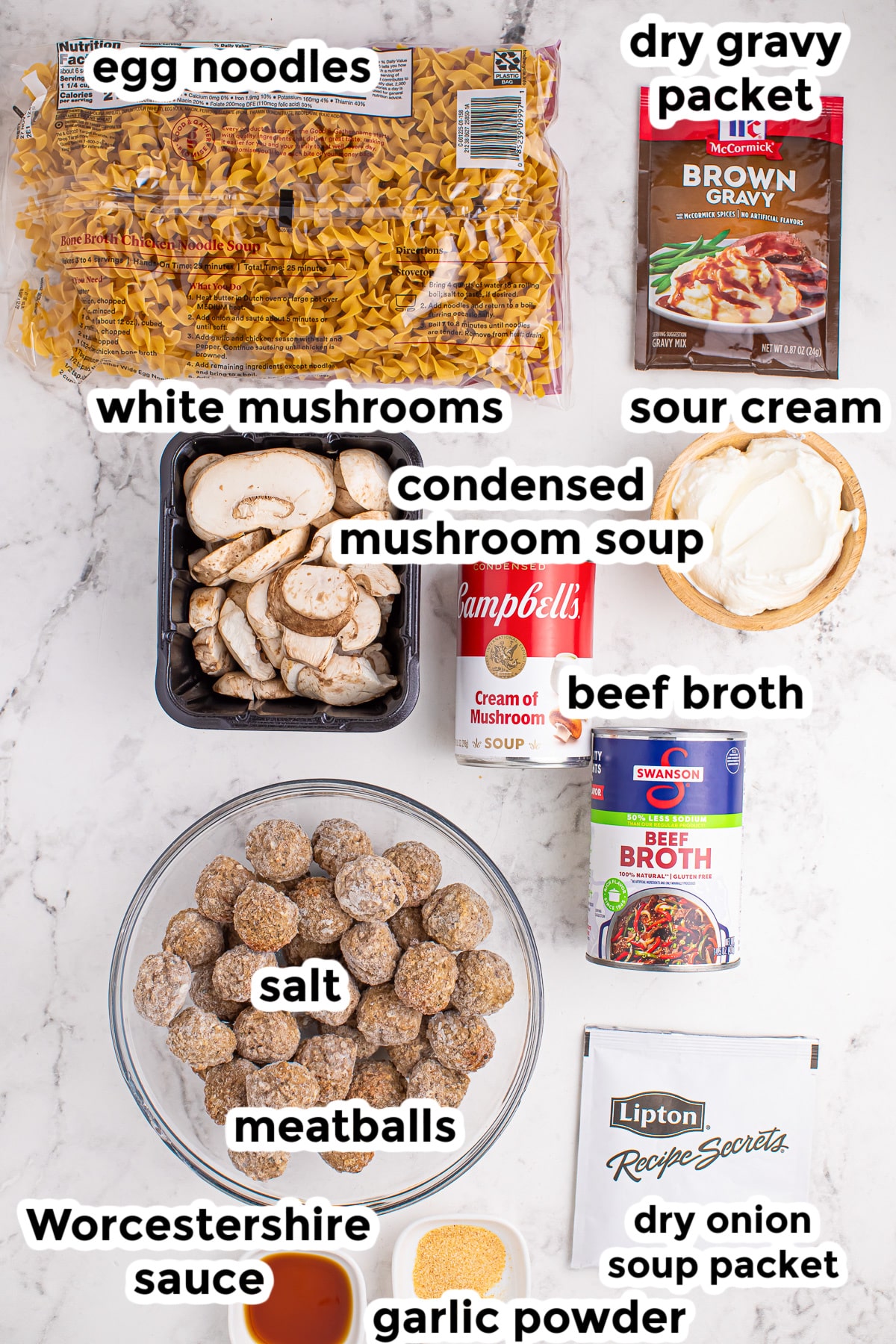 Ingredients for crock pot meatball stroganoff with title text labels.