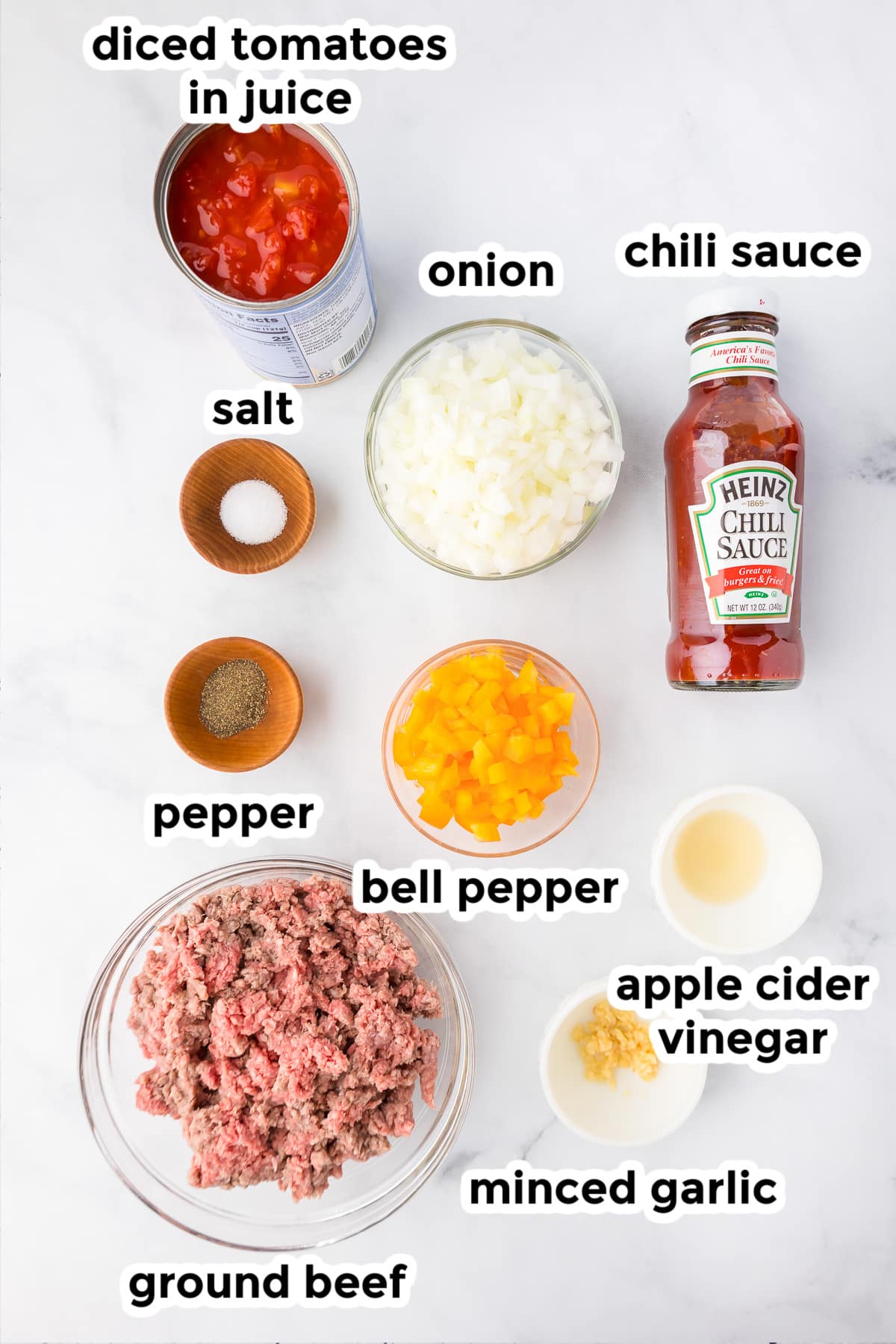 Ingredients for sloppy joes on a counter in bowls with title text labels.