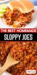 Sloppy joe sandwich missing a bite on top of a second image of a pan of sloppy joe meat mixture being stirred with a wooden spoon with title text overlay.
