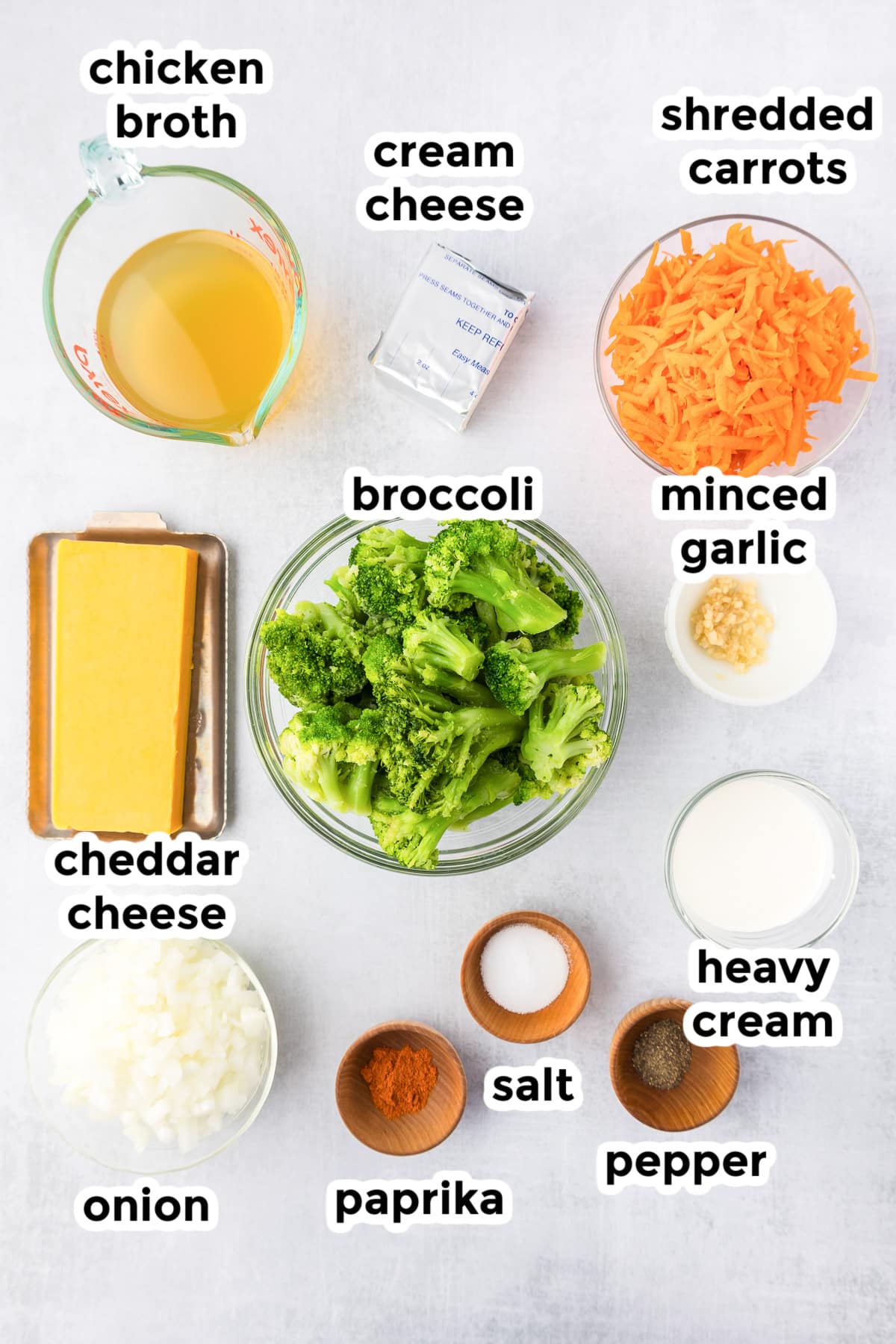 Ingredients for broccoli cheese soup in bowls with title text overlay.