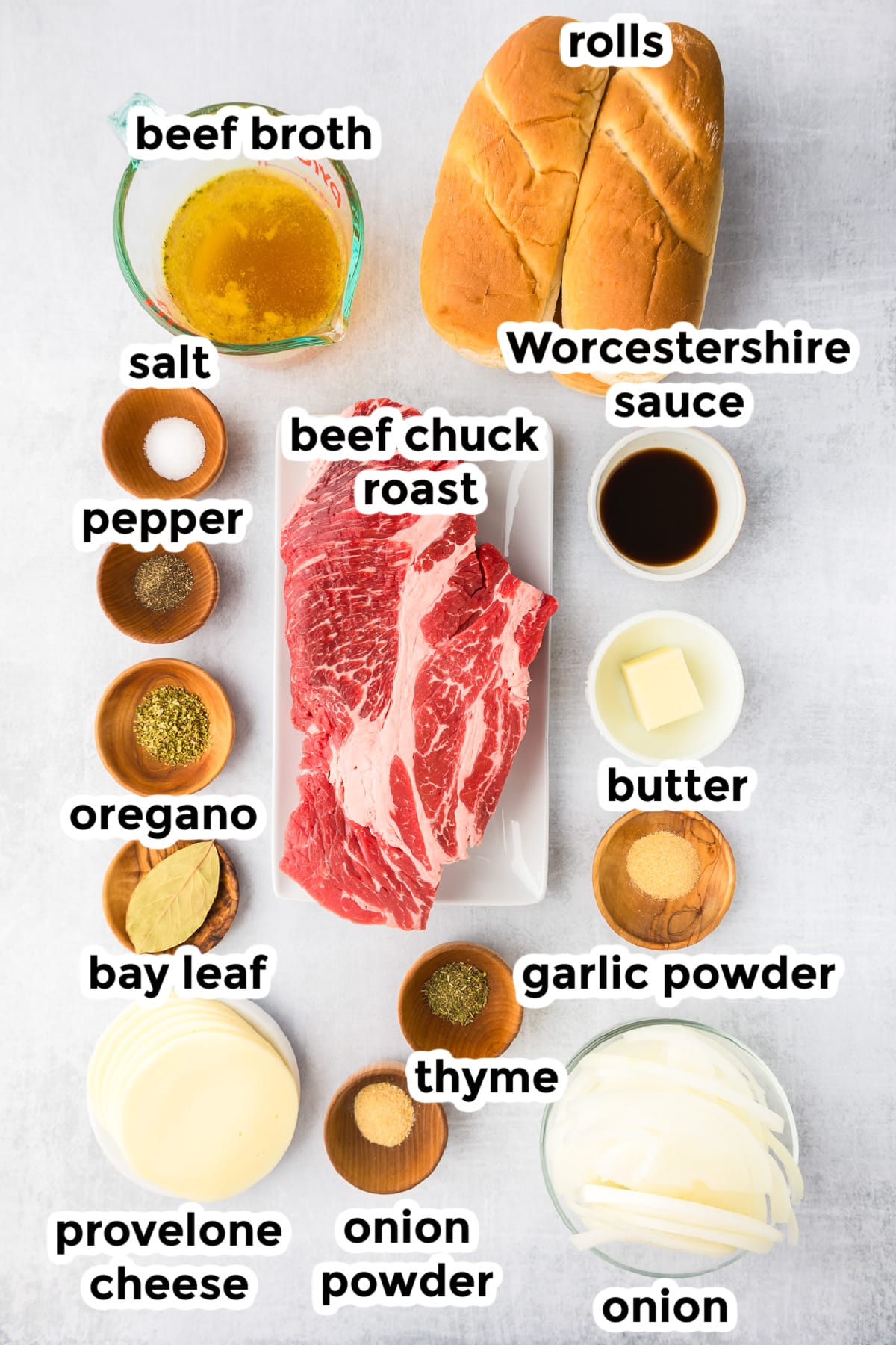 Ingredients for French dip sandwiches in bowls on a counter with title text labels.