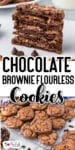 A close up of chocolate brownie cookies stacked and sliced in half on top of brownie cookies tacked on a cooling rack with title text in between the images.