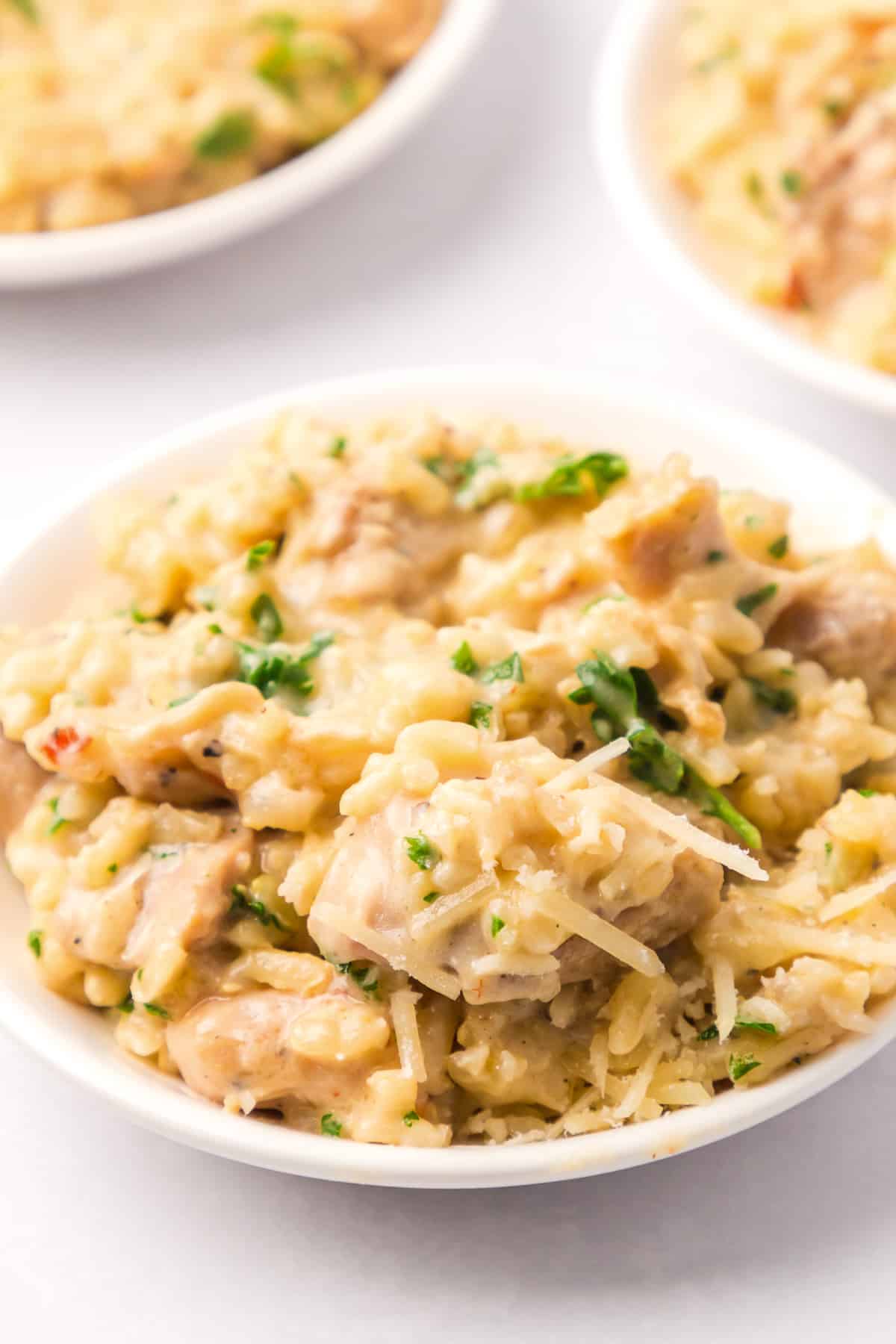 Creamy chicken and rice in a bowl.