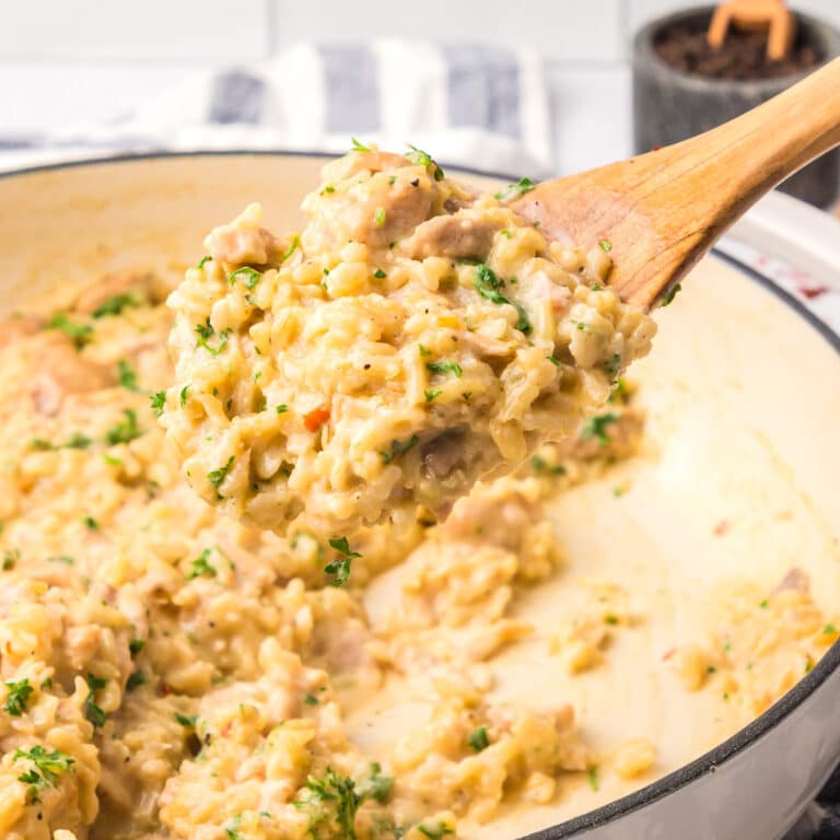 A wooden spoon scooping creamy chicken and rice from a pot.