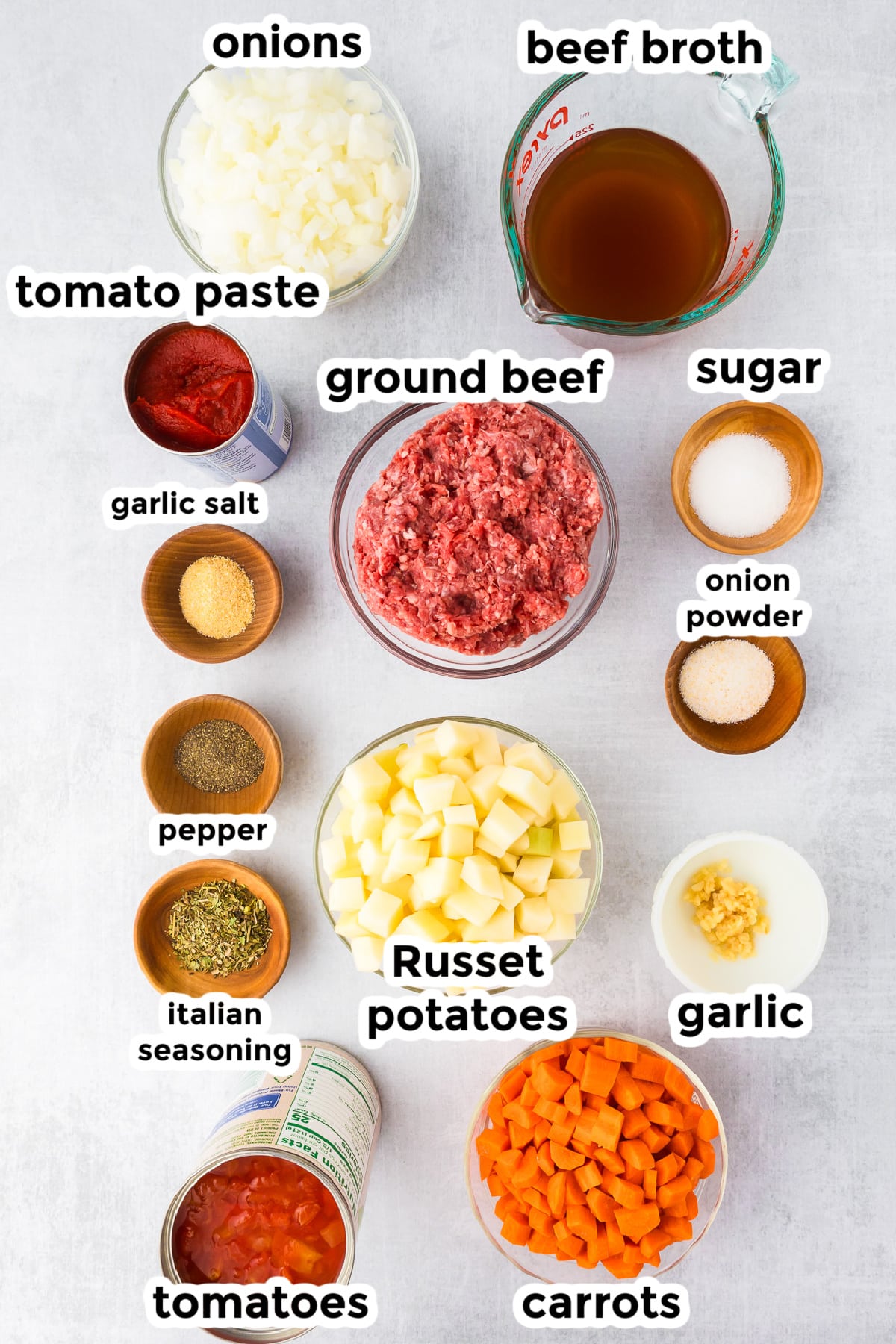 Ingredients for hamburger stew, also known as poor man's stew in bowls with title text overlays.
