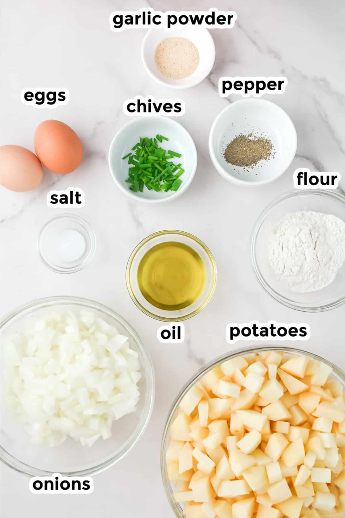 The ingredients for a recipe for potato pancakes.