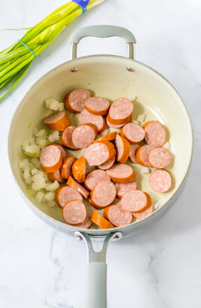 One Pot Cheesy Smoked Sausage Pasta Skillet - On My Kids Plate