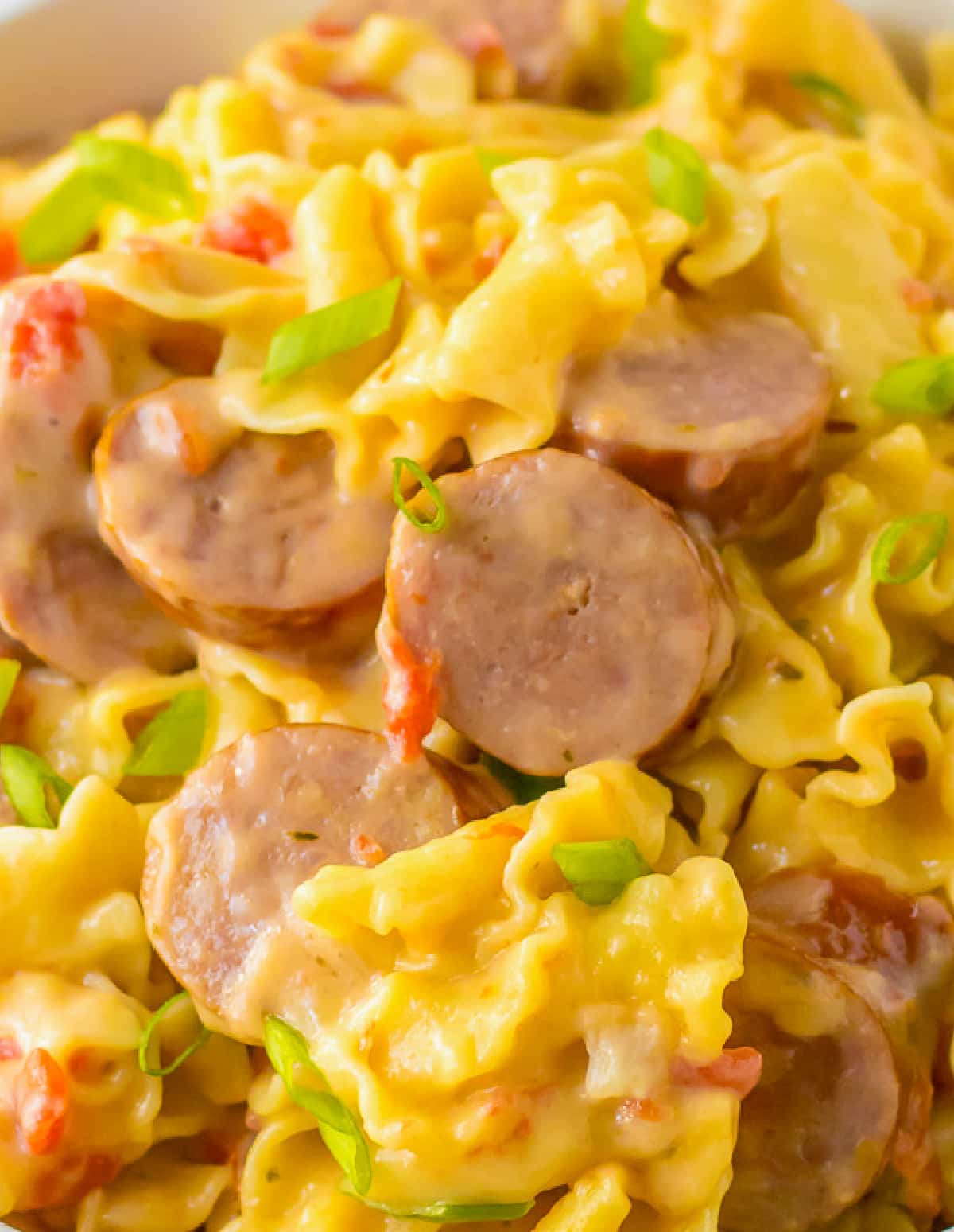 Close up of a bowl of smoked sausage pasta with cheese.
