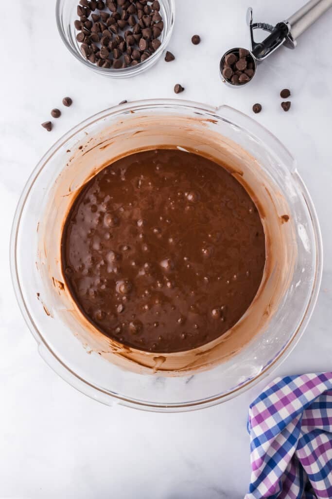 A bowl filled with a liquidy flourless chocolate brownie cookie batter with chunky chocolate chips mixed int.