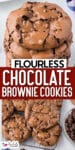 A stack of chocolate brownie cookies close up on a stack and piled on a wire rack with title text overlay between the images.