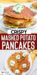 A tall stack of potato pancakes topped with sour cream on top of an image of a plate full of potato pancakes with title text in between the images.