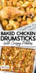 Baked chicken drumsticks and crispy diced potatoes in a foil-lined baking sheet with title text between the images.